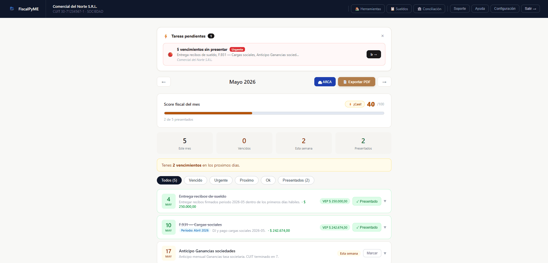 Dashboard de FiscalPyME con vencimientos fiscales por empresa
